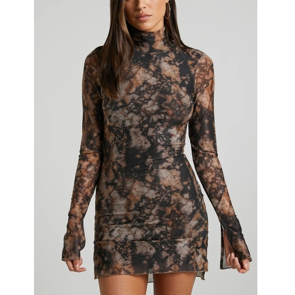 Runaway the Label Jordi Mini Dress Stone Print Tie Dye Stretch Mesh Small NWT